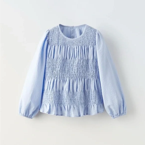 Zara Baby Girl Seersucker Long Sleeve Smocked Light Blue Top Size 9-12m - Picture 1 of 6